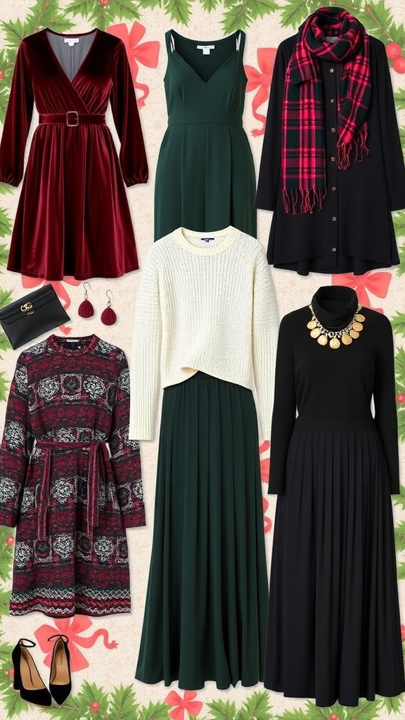 Stylish plus size Christmas outfits including dresses, jumpsuits, and sweaters with festive accessories.